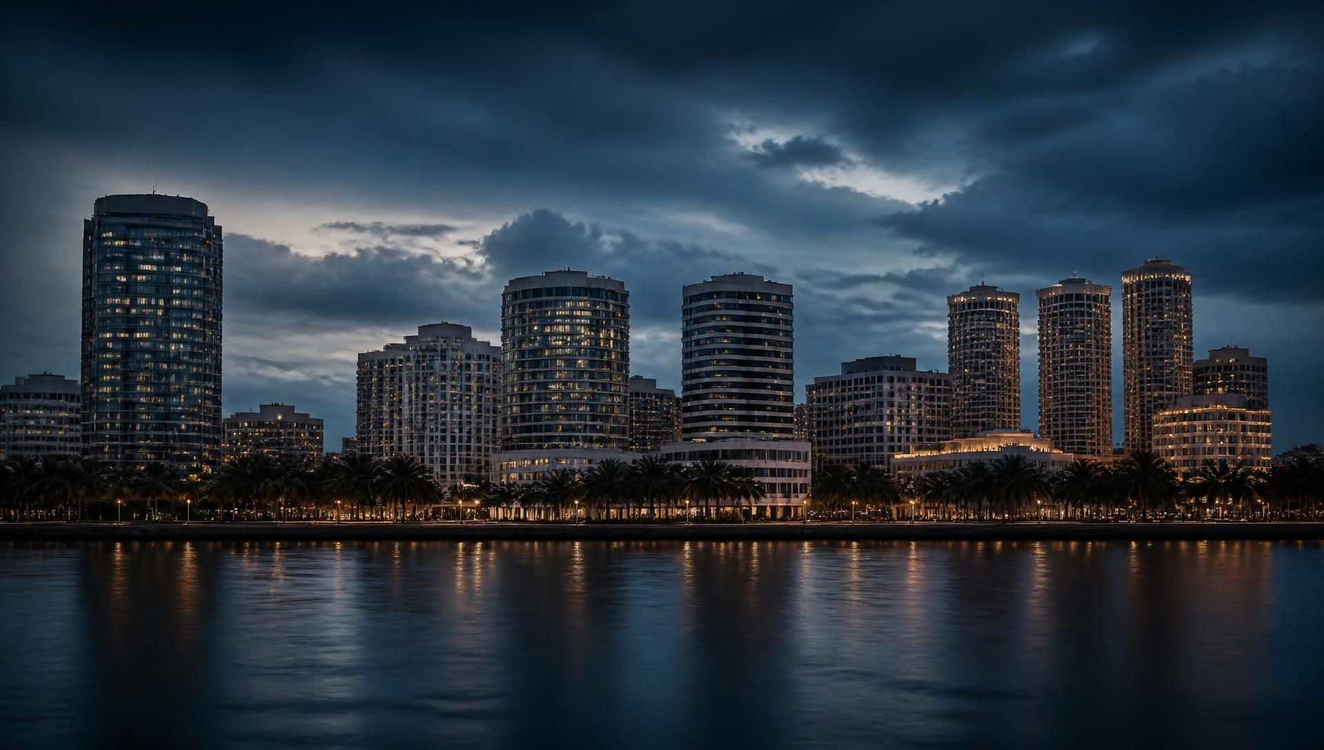 West Palm Beach skyline at dusk across the Intracoastal waterway